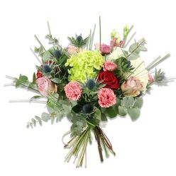 This lush, hand-tied bouquet is presented on a pure white field that accentuates every hue and surface: a luminous, lime-green hydrangea cluster anchors the design, its feathery mass reading like a soft, spring cloud. Around the hydrangea, rich, velvety red roses bring depth and a traditional romantic note, while softer blush-pink and creamy roses open with delicate, petal-layered faces that soften the overall palette. Ruffled coral-pink carnations introduce lively texture and a warm pop of colour, their fringed petals contrasting with the smoother rose cups. Interspersed are several blue-grey Eryngium thistles, their spiky, star-shaped heads lending a contemporary, slightly wild edge and a cool steel-blue accent. A generous spray of silvery eucalyptus leaves creates scent and a modern, rounded silhouette, and long narrow grasses or filler stems project upward and outward to suggest motion and lightness. The bouquet is neatly bound at the base with natural twine, the green stems exposed to show freshness and careful handling. The lighting is soft and diffuse, bringing out subtle shadows and the tactile quality of each bloom. Imagining this piece in a Grove Park living room or delivered down Baring Road, it reads as both comforting and stylish - suitable for Mother's Day, an intimate anniversary, or a thoughtful 'just because' gift. The arrangement speaks to contemporary floral craft: textured, balanced, and made to be held and admired.