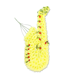 This image shows a full-sized saxophone recreated entirely in flowers, standing tall against a pure white studio backdrop that emphasises every detail of the design. The body of the instrument is sculpted from a dense covering of lemon-yellow chrysanthemum florets, each small head positioned closely to the next to form an even, textured layer. The rounded bell curves outward confidently, the central shaft runs upward in a smooth line, and the neck arcs gracefully as it approaches the mouthpiece, all constructed with flowers that glow softly under the light. Scattered across this radiant yellow surface are numerous tiny, deep red roses or rosebuds, each one carefully placed where the saxophone's keys and stops would usually be, lending rhythm, structure, and a sense of musical notation to the piece. Delicate trailing greenery, likely ivy or another fine foliage, is threaded along key contours and edges, enhancing the realism of the instrument's shape while adding a natural, slightly whimsical touch. At the top, thin green wires and stems rise subtly from the mouthpiece area, suggesting both reed-like elements and the hidden framework that keeps the tribute secure. The result is a moving floral memorial that feels especially fitting for a loved one from Grove Park who cherished live music, perhaps enjoyed evenings in local pubs or had connections with bands playing near the Thames. The bright yellow flowers speak of cherished memories, friendship, and light, while the red touches bring depth and emotion, creating a tribute that celebrates a life rich in sound and connection rather than focusing solely on loss.