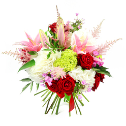This elegant bouquet is photographed against a pristine white background, making every colour and texture stand out as though displayed in the window of Grove Park Florist on a bright morning. The arrangement is lush and full, anchored by deep red roses whose velvety petals spiral inward, each bloom radiating classic romance and emotional warmth. Surrounding and rising above them are pink lilies in various stages of opening: some fully unfurled with wide, star-like petals and visible stamens, others still closed in graceful buds that hint at fragrance yet to come. Billowy clusters of ruffled white flowers form a soft, opulent base, their overlapping petals resembling small clouds that gently support the brighter blooms. At the centre sits a distinctive, spherical cluster of lime green dianthus, its finely textured surface catching the light and adding a fresh, modern jolt of colour that contrasts beautifully with the reds and pinks. Several feathery plumes of pale pink astilbe extend outward from the bouquet, giving it a sense of movement and a slightly wild, garden-picked charm reminiscent of strolls through nearby Dukes Meadows. Here and there, delicate fuchsia and lavender filler flowers peek between the larger heads, offering subtle pops of deeper colour and visual richness. Dark green foliage with a glossy sheen threads through the bouquet, grounding the vivid tones and enhancing the impression of natural abundance. At the bottom, the stems are neatly clustered and secured with a slender red satin ribbon, highlighting the careful, hand-tied construction. The overall effect is of a joyful, romantic bouquet, ideal for same-day delivery across Grove Park to celebrate birthdays, anniversaries, or any heartfelt occasion.