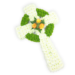 Viewed slightly from above on a bright white backdrop, this floral Celtic cross reads as a study in purity and contrast. The sculpted arms and elongated shaft are densely covered in small white spray chrysanthemums, their compact petals producing a velvety, cloud-like surface that suggests serenity and timelessness. Woven into that white field are clusters of vivid apple-green button chrysanthemums, arranged to trace the cross's central circular ring and to punctuate the horizontal arms in alternating sections; their lime-tinged spheres bring a tactile, almost mosaic-like quality that complements the soft white. Anchoring the design is a trio of warm orange-yellow roses set squarely at the intersection, their fuller, silky petals introducing an emotive focal glow; a few deep-green fern sprays cradle the roses, lending a graceful, natural frame and a cooling contrast. The lighting is soft and clear, revealing the gentle texture of each chrysanthemum button and the satiny sheen of rose petals while the bouquet's scent suggests the fresh, clean note of chrysanthemum with a whisper of rose. This piece feels appropriate as a sympathetic or memorial tribute, particularly for families wishing to honour Celtic heritage - the palette quietly recalls Irish colours, yet remains universally reverent. Imagining delivery within Grove Park, to a nearby parish or chapel near Chinbrook Meadows or the quieter streets surrounding Grove Park station, one senses the careful hands of a local florist composing a meaningful, calming farewell.