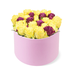 Elegantly modern and thoughtfully composed, this round pastel pink box frames a bouquet of cheerful yellow blooms with deep burgundy accents. The box is a pale pink matte, resting low in the image to emphasize its contemporary silhouette. The dense cluster forms a full, rounded dome of blossoms, with sunny yellows kept tight and fresh, petals unfurled just enough to hint at new beginnings. Interwoven among them are burgundy roses, whose jewel tones add luxury and depth. The arrangement feels plush and meticulously packed, a sculpture of petals that catches the light along their rosettes. The soft-box texture and clean white backdrop convey a premium, design-forward gift, perfect for speedy delivery to Grove Park households, whether marking a milestone, a birthday, or a romantic moment. This composition reflects the craft of a local florist who understands how to balance brightness with elegance, ensuring that Grove Park customers receive fresh stems and reliable service, with options for same-day delivery when available.