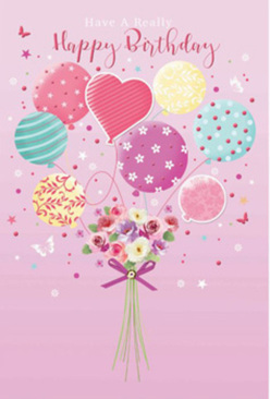 Pastel-themed birthday card illustration depicting a floating mix of balloons and flowers, evoking the gentle, neighbourly charm of Grove Park. The image rests on a soft pink background, smooth and even, creating a calm canvas reminiscent of a quiet evening stroll past the local terraces. At the bottom, a rounded bouquet sits like an anchor to the design, its blooms tightly gathered but visually soft. Roses and daisy-like blossoms in creamy white, blush rose, and dusty mauve overlap in layers, each petal subtly shaded to show fullness and a velvety texture. The stems appear carefully bundled and secured with a rich violet satin bow, its neat loops casting tiny, imagined shadows and highlights that signal a florist's precise hand. Rising from this floral base is a joyful spray of balloons, drifting upward as if just released from a birthday celebration in one of Grove Park's green spaces. The balloons are rendered in gentle pastel hues - pinks, teal, lemon yellow, lavender, and sea green - with each one adorned differently: candy-striped bands, scattered polka dots, swirling patterns, and occasional floral or star motifs. Their surfaces seem smooth and lightly reflective, catching an imagined soft light that gives them dimension. A single heart-shaped balloon near the centre suggests affection and love, making this design feel especially suited to close family and dear friends. Around the balloons, tiny stars and butterflies float delicately, enhancing the magical, celebratory mood. Altogether, the composition feels airy, joyful, and personal, much like a birthday surprise thoughtfully chosen from a trusted Grove Park florist and delivered with care to brighten someone's special day.