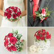 This four-part wedding collage captures a complete red rose and baby's breath theme, the sort of cohesive styling couples often choose for ceremonies around Grove Park and the surrounding London suburbs. In the top-left image, a bride in an elegant white lace wedding gown cradles a rounded bouquet of deep red roses. Each rose is fully formed and velvety, nestled in a soft halo of white baby's breath. The stems are hidden, so all that's visible is a rich dome of colour, punctuated by glimpses of dark green leaves that add structure without stealing attention from the roses. The light is gentle, flattering both the bouquet and the intricate lace pattern of the dress, creating an atmosphere of romance and quiet excitement. In the top-right panel, the focus shifts to the groom's boutonniere, pinned precisely on the lapel of a dark grey suit. A single red rosebud is accented by tiny white gypsophila florets, narrow green leaves, and a few wispy strands of decorative grass. A slim red satin ribbon is tied around the base, perfectly echoing the groom's vivid red tie and linking his look to the bride's bouquet. The bottom-left image shows another lush wedding bouquet, positioned on a light grey textured surface-perhaps a tabletop ready for photographs before the car arrives. The bouquet mirrors the bride's: abundant red roses, airy baby's breath, and fresh greenery, with the stems neatly gathered and finished with red and white striped twine that suggests a handmade, personal touch. Finally, the bottom-right panel reveals a compact, dome-shaped centerpiece: red roses and baby's breath arranged closely together in a round white woven vase, its open lattice giving an airy, contemporary feel. Two smaller woven spheres in a natural off-white shade rest nearby, adding harmony and texture, just as you might find dressing the tables at a reception near Grove Park's leafy avenues.