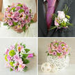 This image shows a four-panel wedding collage where every floral element coordinates in soft pinks, lavenders, and fresh greens, perfect for a Grove Park celebration. In the top left panel, the bride's white lace dress is partially visible as she holds a rounded bouquet. The bouquet feels full and romantic, packed with light pink and lilac-toned roses, bright green button chrysanthemums, and delicate pink alstroemeria whose petals are traced with gentle yellow speckles. Wispy white baby's breath is scattered throughout, softening the composition, while rich green foliage gathers the colours together like a natural frame. The overall effect evokes strolling through Grove Park's leafy streets in early spring, where blossoms look tender and newly opened. In the top right panel, we see a close-up of a dark charcoal grey suit and a vivid fuchsia tie. Pinned to the lapel is a small yet detailed boutonniere: one blush-pink rosebud, tiny green button chrysanthemums, light sprays of gypsophila, and slender decorative grass blades that arc gracefully, all tied with a pink ribbon echoing the groom's tie. The lower left panel revisits the bouquet, this time resting on a light beige, textured surface, possibly a linen cloth. From this angle, the stems are neatly aligned and bound with a vibrant fuchsia ribbon, showing the careful hand-tied technique. The blooms spill out in a controlled yet natural dome. In the bottom right panel, a coordinating table centerpiece completes the set-a dome of roses, green chrysanthemums, pink alstroemeria, and baby's breath filling a white spherical vase with an intricate woven texture. Two smaller, pale woven decorative spheres sit beside it, suggesting a stylish Grove Park reception table dressed in soft neutrals.