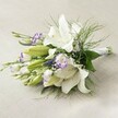 A lush, sophisticated bridal bouquet lies gently atop an off-white, linen-like surface, echoing the quiet refinement of Grove Park's green spaces. Large, trumpet-shaped white Oriental lilies claim centre stage, their open petals immaculate and gently recurved, each throat flecked with deep burgundy and topped with golden stamens. These are interwoven with vibrantly edged lisianthus-white petals kissed with bold purple-and a scattering of closed buds promising continued beauty. Accenting the composition, slender Veronica spires bring vertical contrast and a dramatic touch, recalling the wildflowers edging Grove Park's garden paths. Wisps of delicate baby's breath drift between the blooms, imparting a dreamy softness. Surrounding the flowers is a spill of lush foliage, blending fern-like fronds and glossy dark greens, magnifying the bouquet's sense of natural abundance. The stems, neatly bound with a white silk ribbon, suggest expert craftsmanship familiar to customers of Grove Park Florist. Flooded with gentle daylight, every detail resonates with a harmony of crisp whites, bold purples, and fresh greens-ideal for weddings, anniversaries, or heartfelt presentations throughout the Grove Park community. This arrangement, deeply rooted in local artistry, evokes feelings of promise, joy, and graceful celebration.