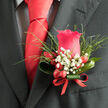 Pinned neatly to the lapel of a dark charcoal suit, this boutonniere from a Grove Park celebration showcases a single pinkish-red rose, perfectly curated and full of depth. The petals are lush and velvety, spiralling outward in a romantic, wine-red shade that feels both strong and unexpectedly tender, suited to weddings at local churches or intimate gatherings near the river. Radiating from the rose, fine, feathery greenery adds movement and an organic, garden-fresh charm, as though the flowers were just gathered from a hidden corner of nearby Chiswick's green spaces. Tiny white gypsophila blossoms, each one like a star, are tucked between the leaves, lightening the composition and framing the central bloom. At the base, clusters of red berries introduce a playful, almost festive touch, their smooth surfaces catching the ambient light and hinting at celebration. Everything is gathered together with a slim red ribbon, its satin sheen intelligently mirroring the rich scarlet necktie just above, creating a sense of cohesion and care in every detail. Natural light falls gently across the arrangement, emphasising the interplay of textures-soft petals, airy baby's breath, cool berries, and sleek ribbon. The overall impression is dignified yet inviting, a floral accent that reflects both personal style and the thoughtful planning behind special occasions around Grove Park. It feels less like a simple accessory and more like a signature flourish for the wearer, carrying a faint, sweet-green fragrance and breathing contemporary life into a cherished tradition.