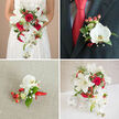 This quartet of images captures a unified wedding floral concept - classic, modern and unmistakably romantic - held together by a trio of colours: vivid red, immaculate white and rich green. The top-left panel shows the bride from mid-torso, her lace-detailed white dress serving as a calm backdrop for a sweeping bouquet where open white lilies and cascading white phalaenopsis orchids mingle with tight, velvety red roses. Little clusters of white baby's breath and glossy red hypericum berries give the bouquet texture and cheerful punctuation, while assorted green leaves and fine, spiky foliage breathe freshness into the composition. In the top-right frame a groom's charcoal suit and striking red tie frame a refined boutonniere: a single white phalaenopsis bloom sits at its centre, accompanied by twin berries, tiny sprays of Gypsophila and neat greenery, all finished with a slender red ribbon that unites his look with the bridal flowers. The lower-left image shows a close-up of a corsage laid on soft, woven beige fabric, where a small orchid, berries and curling green blades create an intimate, tactile charm - one can almost sense the smoothness of the orchid and the waxy shine of the hypericum. Bottom-right reveals a decorative white woven holder on a clean white table, filled with a low, abundant arrangement mirroring the bouquet's elements and scent: roses, lilies, cascading orchids, berries and wispy greens, finished with white spherical accents for understated elegance. The overall impression is of carefully coordinated pieces ready to grace a ceremony or reception in Grove Park and surrounding Lewisham streets.
