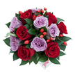 Seen from a gentle top-down angle against a crisp white backdrop, this hand-tied bouquet reads like a study in romance and quiet surprise. About a dozen roses form a dense, dome-shaped cluster: deep, velvety reds that feel warm and intimate sit next to soft lavender-mauve roses whose powdery spirals bring an elegant, contemporary hush. The roses are freshly opened, each petal layered with the careful geometry of a florist's selection, and they rest in a cradle of glossy, dark-green foliage - ruscus-like leaves that give the composition depth and a cool, smooth sheen. Punctuating that softness are dozens of small orange-red rose hips, their shiny skins catching the light and adding a woodland note and textural spark that lifts the arrangement from classic to slightly wild-garden. Near the bottom centre, tucked under a bloom, a small white gift tag peeks out; the single word flower is penned in playful red script, a personal touch suggesting a thoughtful gift. Morning light would graze across the petals, making the reds glow and the lavenders melt into shadowed curves, and you can almost sense the faint, green-tinged fragrance - a garden after rain, fresh and slightly sweet. This bouquet reads as a polished declaration of affection: ideal for anniversaries, Valentine's moments, or a refined surprise to celebrate someone dear. It carries the calm confidence of a neighbourhood florist who understands how colour, texture and simple details - the glossy leaves, the pop of berries, the handwritten tag - make an intimate statement without shouting.