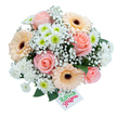 A hand-tied bouquet captured on a clean white background, its soft pastel palette arranged with the quiet confidence of an experienced florist. At the heart of the composition sit fully opened blush-pink roses, their velvety spirals catching gentle, natural light and inviting the eye inward. Around them, pale apricot and cream gerbera daisies present broad, luminous faces with contrasting dark brown centres that add a rustic anchor to the otherwise airy design. Small clusters of white spray chrysanthemums and compact pom-pom chrysanthemums fill negative space with rounded, cushion-like texture; a few of these tiny blooms are tipped with a fresh lime-green eye that brightens the whole grouping. Wisps of gypsophila (baby's breath) thread through the arrangement like a breath of lace, softening edges and creating a cloud-like softness between the stronger shapes. Deep green foliage-likely eucalyptus or salal-peeks out beneath and between blooms, providing cool depth and a subtle scent suggestion. In the lower right, a small rectangular white gift tag is tucked gently among stems; it bears the handwritten-style phrase Happy Flowers, with Happy in lively green and Flowers in bright pink, adding a playful, personal touch. The overall shape is dense and rounded yet light, ideal for a springtime sentiment. This bouquet reads as thoughtful and versatile: a birthday surprise, a gentle get-well gesture, or a note of thanks. It evokes the softness of a morning after rain in Grove Park-calm, fresh, and quietly celebratory-ready for local delivery to nearby streets or for display in a simple glass vase at a kitchen table.