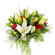 A single, large creamy-white Oriental lily takes centre stage in this studio-style composition, its smooth, slightly curved petals fully unfurled to reveal a pale yellow stamen and a soft green pistil, a sculptural focal point of quiet purity. Around it, clusters of tightly closed and half-open lily buds in lime green and soft yellow suggest gentle movement and unfolding promise, their tapered forms adding vertical rhythm. Interspersed among the lilies are small, velvety red rosebuds-rich, passionate flashes of crimson whose still-rolled petals contrast the lily's broad planes and lend the arrangement a warm, romantic heartbeat. The blooms are cushioned by a generous variety of foliage: deep, glossy forest-green leaves that give weight and structure; slender, arching palm fronds in a brighter emerald that cascade outward and introduce lively texture; and rounded, silvery-green eucalyptus sprigs that soften edges and add a cool, aromatic note. All stems sit in clear water inside a simple cylindrical glass vase, the pale green shafts visible through the transparent glass and grounding the design with honest, botanical detail. The bright white background isolates every hue and surface - the lily's satin sheen, the roses' velour, the eucalyptus's matte glow - so the eye reads the arrangement as fresh, refined, and celebratory. Imagine the faint, powdery perfume of lilies mingling with the deeper, sweeter scent of roses; together they evoke tenderness, admiration, and quiet celebration. A bouquet suited equally as a romantic gesture, an elegant centrepiece, or a thoughtful gift to mark special moments in and around Grove Park and nearby green spaces.