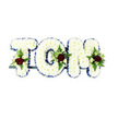 A serene, handcrafted funeral tribute spelling out the name TOM in three large, pillowy letters made from tightly packed white chrysanthemums. Each chrysanthemum is arranged to form a soft, voluminous surface that catches light like powdered silk, while a crisp royal blue ribbon traces the outer edges of every letter to provide clean definition and a respectful, calming contrast. Nestled within the centre and lower curves of the T, O and M are composed sprays where a single deep, velvety red rose serves as the focal point for each letter; around those roses sit smaller creamy ivory spray roses and slender fern fronds, their serrated leaves offering a delicate green framework. From the tactile density of the white blooms to the satin sheen of the blue ribbon, the piece reads as both message and embrace-meant to comfort mourners with restraint and dignity. A narrow dark metal support bar is visible beneath the base, hinting at the structure that keeps the letters upright for display at a service. The arrangement is photographed on a clean white background so the textures, tones and tiny shadows of each petal are easy to read; the faint scent of chrysanthemum and rose seems to suggest quiet consolation. As a local florist would note, this is the kind of bespoke sympathy tribute chosen for formal memorials or chapel services around Grove Park and nearby Chinbrook Meadows, a careful floral expression of love, respect and remembrance crafted with steady hands and an understanding of the community's quiet traditions.