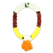 A beautifully balanced artificial garland, crafted in the style of a traditional mala, is shown here against a bright white background, its colours and textures unfolding in a gentle sequence. The garland forms a generous U-shape, designed to be placed around the neck or over a commemorative photograph at a funeral, memorial, or religious ceremony in Grove Park. At the top, thick, cushiony strands of white petals are strung closely together, forming a band of pure, clean colour that radiates peace and spiritual simplicity. Nestled within, small touches of fresh green foliage emerge sparingly, hinting at renewal and echoing the greenery of nearby parks and riverside walks. As your eye follows the garland down each side, the white gradually shifts into deep maroon clusters, velvety and dense, symbolising devotion, love, and the solemn weight of goodbye. These maroon sections then soften into wide arcs of yellow petals along the base of the U, their sunny hue lending a quiet sense of warmth and comfort amidst grief. Near the lower sides, small segments of white petals reappear within the yellow, adding visual interest and a sense of careful craftsmanship. Suspended from the centre at the lowest point is a prominent, spherical pendant composed of vivid orange petals, reminiscent of a traditional marigold pomander widely used in Hindu puja and temple offerings. The overall effect is plush and richly textured, with each artificial petal positioned to evoke freshly strung blooms, creating a dignified, long-lasting tribute for ceremonies and memorials throughout the Grove Park community.