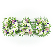 Three floral letters arranged in a clear horizontal line spell out DAD, creating a classic funeral tribute that feels both traditional and deeply personal. The letters are robust and well-defined, built from a bed of densely packed white flowers that gives each one a plush, cushion-like appearance. White chrysanthemums and daisy-style gerberas dominate, their many fine petals forming a soft, continuous surface that suggests comfort and peace. Nestled amongst them are delicate white lisianthus and small spray roses, some still in bud and others slightly open, their curved petals introducing gentle shadows and highlights within the white-on-white design. The outer edges and internal lines of the letters are carefully framed with greenery: arching fern fronds and small, glossy leaves trace the outline of the D, the crossbar of the A, and the final D with clean precision. This green border both supports the flowers and visually separates the tribute from the plain white background of the image. Scattered through the design are thoughtful touches of colour that give the tribute depth and character. Clusters of bright green button chrysanthemums energise the whites, while velvety purple and violet flowers add a sense of dignity and solemnity. Soft lavender and pale mauve roses or carnations appear in select places, suggesting warmth, gratitude, and enduring affection. The lighting is even and gentle, without harsh contrasts, which makes the whole arrangement feel calm and composed, as if ready to be placed in a quiet chapel or at a graveside in Grove Park. This DAD floral display is the sort of bespoke sympathy tribute families choose when they want their farewell to be clearly spoken in flowers rather than words.