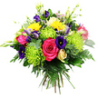 The image presents a richly coloured, hand-tied bouquet resting against a plain white background, every blossom sharply defined as though freshly arranged in a Grove Park workshop. The bouquet is rounded and full, an intricate tapestry of vivid tones and varied textures. At the centre, striking hot pink roses unfold in plush, velvety layers, their deep fuchsia petals giving the design a romantic core. Radiating around them are lime green spider chrysanthemums, each bloom composed of many slender, elongated petals that form airy, spiky spheres of chartreuse, injecting a sense of playful movement. Interwoven among these are deep indigo and royal purple lisianthus flowers, some open into ruffled bell shapes, others still in smooth buds, providing a cool, sophisticated counterpoint to the warmer hues. Bright yellow gerbera-like daisies are scattered throughout, their broad, sunburst faces adding cheer reminiscent of a sunny afternoon stroll around Grove Park or along the nearby Thames. A single cream or pale-yellow rosebud is tucked near the base, its tightly furled petals adding a calmer, more reflective touch. Tiny filler blooms in soft lavender and blush nestle between the larger flower heads, while upright green buds stretch gently upward, contributing height and a feeling of freshness. The flowers sit within a lush cradle of greenery: broad, glossy dark leaves, eucalyptus-style stems with smooth, rounded foliage, and fine, feathery fern fronds that soften the edges and enhance the bouquet's depth. The stems are neatly gathered at the bottom, indicating a professional hand-tied finish, perfectly suited for delivery to homes, small boutiques, or riverside flats around Grove Park and Chiswick, bringing an immediate sense of joy, celebration, and thoughtful care.