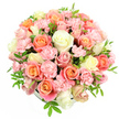 A lush dome of pastel flowers fills the frame against a pristine white background, showcasing a refined mix of roses and spray carnations that feels perfectly in tune with the relaxed elegance of Grove Park. The bouquet is arranged in a compact, spherical shape, so generously layered that the low container or hidden hatbox beneath is almost entirely concealed by the blooms. At the heart of the design, large roses open fully, their velvety petals spiralling outward in soft tones of peach, coral, and graceful salmon pink. These warmer shades are seamlessly interwoven with roses in creamy white and an almost translucent pale yellow, creating a bright, fresh contrast that suggests gentle daylight streaming through riverside windows. Between the larger blooms, clusters of light pink spray carnations nestle closely together, each small, ruffled blossom adding a cushion of texture and volume that gives the arrangement its plush, romantic feel. Slender, pointed green leaves and light filler foliage are tucked in sparingly, bringing touches of natural green that enhance the pastels without competing for attention. The lighting is clear and even, highlighting the smooth contours of the rose petals and the delicate, frilled edges of the carnations, making the bouquet appear almost touchably soft. Emotionally, it conveys warmth, appreciation, and quiet celebration-perfect for sending love on Mother's Day, marking a birthday, or offering a gentle gesture of support to someone living near Grove Park Station or along the tree-lined streets toward Chiswick. This arrangement feels like a thoughtful, locally crafted gift, ready to be delivered with care and to fill any Grove Park home with a sense of calm beauty and affection.