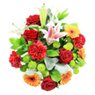 This photograph shows a richly packed, round mixed bouquet viewed from above, set against a bright, uncluttered white background that allows every flower and leaf to stand out clearly, as if displayed on a presentation counter at Grove Park Florist. In the centre, lush deep red roses create a focal cluster, their layered, velvety petals spiralling tightly, with some blooms in firm bud and others beginning to open, capturing that fleeting moment between promise and full blossom. Intertwined with the roses, red carnations contribute a thick layer of soft, ruffled texture, enhancing the sense of abundance and classic charm. Rising slightly above these, elegant lilies stretch their star-shaped petals, predominantly white with gentle blush pink shading and tiny speckles; some flowers are open wide, revealing long yellow stamens, while several buds remain closed, suggesting that the arrangement will continue to change and delight. Around the central flowers, vivid orange and bright yellow gerbera daisies flair outwards, their narrow, radiating petals forming circles around darker centres, adding a joyful, sunlit character that recalls relaxed afternoons in nearby Chiswick and Strand on the Green. Nestled throughout, lime green button chrysanthemums appear as small, rounded pom-poms, offering a crisp, contemporary touch and a refreshing green tone. The bouquet is finished with a generous collar of foliage, including glossy dark green leaves that provide structure and lighter, silvery-green leaves that soften the edges and introduce a gentle, airy feel. The overall effect is one of elegant celebration and warm emotion, perfectly suited for birthday surprises, anniversary gestures, or congratulatory deliveries across Grove Park and the surrounding west London neighbourhoods.
