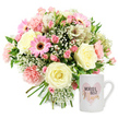 Set against a clean, white studio backdrop, this image captures a tender gift pairing perfect for honouring a mum in Grove Park. On the left, a lush, round bouquet is carefully hand-tied, the stems visible where they are neatly gathered at the base. The arrangement blends cream, blush, and soft pink flowers with fresh green foliage to create a calm yet joyful mood. The main blooms are cream roses, fully open and layered in soft, spiralling petals that reflect the light like satin. Surrounding them, blush pink carnations with finely ruffled edges lend a romantic texture, while bright pink gerbera daisies, each centred with a deep chocolate-brown disk, bring an upbeat pop of colour reminiscent of springtime along the Thames Path. Threaded through the bouquet are graceful white alstroemeria, their slender petals highlighted by subtle reddish-brown streaks, adding a refined detail that rewards a closer look. Between these larger flowers, delicate clusters of white gypsophila soften the gaps, creating the impression of tiny clouds hovering around the central blooms. Fresh green leaves appear at different levels, giving structure and a just-picked feel, as though the flowers had come straight from a local Grove Park florist. To the right, a pristine white ceramic mug stands upright, its surface smooth and slightly glossy under the soft lighting. The mug's design features a watercolour-style pink heart, gently washed with colour, inside which the phrase WORLD'S BEST Mum is displayed. WORLD'S BEST is printed in a simple dark font, while Mum shines in an elegant gold script that feels both personal and celebratory. The composition as a whole conveys warmth, appreciation, and everyday luxury, ideal for delivery to a special mother in Grove Park for Mother's Day, birthdays, or any heartfelt thank-you.