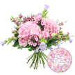 A beautifully composed birthday scene is set against a pure white background, featuring a lavish hand-tied bouquet alongside a coordinating foil balloon. The bouquet is dominated by large, plush heads of blush pink hydrangea that form a generous dome of petals, looking soft enough to sink your fingertips into. Among these voluminous blooms, soft pink roses are arranged with care: some are fully open, revealing their layered, spiral hearts, while others remain in bud, their smooth outer petals gently cupped, conveying the unfolding excitement of a birthday in Grove Park. Delicate sprays of tiny fuchsia-pink blossoms, reminiscent of waxflower, weave between the hydrangeas and roses, bringing dashes of richer colour and adding a fine, almost lacy texture that keeps the design feeling fresh and natural. Rising slightly above the main body of the bouquet, slender stems of campanula carry bell-shaped flowers in subtle lavender and periwinkle tones, creating cool highlights that balance the warmth of the pinks and introduce graceful vertical lines. A mix of lush green foliage frames and supports the blooms, with long, tapering leaves and rounded greenery adding depth and giving the sense of a bouquet just crafted by a skilled local florist. The stems at the base are clearly visible, neatly gathered into a hand-tied bundle ready to be placed into water. To the lower right, a round metallic Happy Birthday balloon completes the gift. Its reflective foil surface is decorated with a delicate all-over pattern of small roses and buds in pink, lavender, and cream, surrounding the words Happy Birthday rendered in elegant purple script. Together, the bouquet and balloon create a warm, cheerful visual ideal for representing birthday flower delivery in Grove Park, whether to homes near the station or along the calm streets by the river.