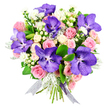 In this image, a rounded hand-tied bouquet is shown against a bright white background, making every blossom and leaf stand out in sharp, elegant relief. The design centres on several generous Vanda orchids, their petals washed in deep purple and blue tones and intricately speckled, giving each flower a sense of depth and drama reminiscent of tropical gardens. Around these statement blooms, layers of soft pink roses are arranged, some only beginning to open while others are fully blossomed, their many petals forming gentle curves and ruffles that suggest romance and softness. Creamy white spray roses appear in smaller clusters, easing the transition between the bold orchids and the more traditional roses, and lending the bouquet a light, airy feel. Scattered between the larger blooms are dainty white filler flowers and rounded hypericum berries in white or cream, adding a combination of fine detail and smooth, bead-like textures that reward a closer look. The foliage is a carefully judged mix of glossy, dark green leaves that lend structure and body, and soft, silvery-grey dusty miller whose feathery, velvety leaves introduce a subtle, frosted note. The stems are held together with a sheer, iridescent ribbon in shades of silver and lavender, its delicate shimmer catching hints of light and echoing the cool tones of the orchids. The overall effect is one of quiet luxury and heartfelt sentiment, perfectly suited to sending love or congratulations around Grove Park-whether as a thoughtful delivery to a riverside flat near Kew Bridge or a cosy home tucked behind the tree-lined streets near Chiswick-bringing a touch of floral artistry into everyday life.