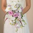 A soft, close-up portrait captures the beauty of a Grove Park bride poised above a resplendent, cascading bouquet that pays homage to the neighborhood's gardens and open spaces. The white of her dress, delicately embroidered with lace motifs resembling Thames-side blossoms, provides a serene canvas for the bouquet's exuberant palette. Prominent white Phalaenopsis orchids, their generous petals gleaming against the bride's gown, are interwoven with layers of blush pink and lavender roses at their peak. Plumes of baby's breath, so light as to seem feathered, ripple between larger blooms, imparting a gentle, dreamy quality. The stems extend downward in a natural, waterfall fashion, with vibrant fuchsia amaranthus streaming in textured ribbons and clusters of petite lavender flowers threaded throughout. Touches of fresh green foliage and closed buds peek from the bouquet, suggesting abundance found in Chiswick House gardens. Held centrally at the bride's waist, the bouquet's colors and flowing shapes evoke celebration and hope, the hallmarks of Grove Park weddings. The muted, neutral background lets every petal and leaf shine-embodying the spirit of local artistry and love, and presenting timeless inspiration for brides seeking elegance and freshness in West London.
