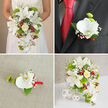 This four-part wedding floral image presents a cohesive white, green, and red design that feels perfectly at home for a celebration in Grove Park, perhaps after a stroll along the river. In the top-left panel, the bride is shown from the chest down, holding an opulent cascading bouquet against a soft beige background that lets every flower shine. The bouquet is filled with bold white oriental lilies, their open, star-shaped blooms revealing delicate stamens, while strands of white Phalaenopsis orchids spill downward in graceful arcs. At the heart of the arrangement sits a creamy yellow-ivory rose, surrounded by bright green spherical blooms that recall fresh garden foliage, glossy red berries clustering like tiny jewels, and clouds of white gypsophila. Fine, trailing greenery and slender grasses add movement, as though stirred by a light breeze. The top-right panel focuses on the groom, dressed in a dark charcoal suit, clean white shirt, and a striking red tie that picks up the accent colour of the bouquet. Pinned neatly to his lapel is a coordinating boutonnière: one flawless white orchid bloom with a yellow throat, a tight burst of green pompon flowers, and miniature white filler blossoms, all tied with a narrow red ribbon. The bottom-left shows that boutonnière resting on a neutral, linen-like beige fabric, offering a close look at each texture, from the satin ribbon to the smooth orchid petal. In the bottom-right, the bridal bouquet is displayed upright in a white, woven basket-style vase on a bright white surface, with three white woven decorative balls set beside it, evoking a reception display styled with the quiet elegance often requested from Grove Park Florist clients across the neighbourhood.