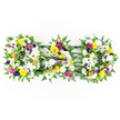 A beautifully arranged DAD floral tribute dominates this image, set against an immaculate white background that focuses attention on the flowers themselves. The three letters, arranged side by side, are joined discreetly by narrow, dark green bars so they appear as one continuous word. Each capital letter is edged with abundant green fern, whose feathery fronds curve gently around the shapes, creating a soft, natural frame that enhances the lettering. The interiors of the letters are densely packed with white chrysanthemums and open gerbera daisy blooms, layered closely to create a thick, cushioned effect that speaks of peace, reverence, and farewell. Among these white petals, splashes of yellow from gerberas and spray roses shine through, offering a comforting brightness reminiscent of sunnier days and family moments shared with Dad in and around Grove Park, perhaps on quiet walks near the river or along local tree-lined streets. Adding depth and visual contrast are deep purple lisianthus and clusters of rich magenta or deep pink spray roses, carefully tucked between the lighter flowers to convey enduring love and respect. Tiny lavender flowers and bright green button chrysanthemums provide subtle accents, drawing the eye to the skilled detail of the arrangement. The tribute is the sort of design that might rest at the front of a church, a crematorium chapel, or a graveside service near Grove Park, where its colours, textures, and simple message come together to honour a beloved father's life with dignity and heartfelt emotion.
