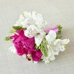 A compact, hand-tied floral arrangement rests horizontally on a softly textured light beige fabric, the weave reminiscent of linen laid out on a Grove Park kitchen table before a celebration. At the heart of the design sits a single, lush peony-like bloom in saturated fuchsia, petals densely layered and gently ruffled, creating a soft, cloud-like centre that draws the eye. Around this vivid focal flower, several white alstroemeria unfurl in trumpet-shaped blossoms, their petals slender and slightly reflexed, each one delicately marked with fine maroon streaks and tiny freckles that look like careful brushstrokes. Threaded between these blooms, slim spikes of fresh light green buds and foliage add height and movement, their linear shape and crisp colour giving a lively contrast to the rounded, velvety petals. The stems are neatly trimmed and bound together in a tight bundle with a glossy bright pink satin ribbon, the ribbon's sheen catching the light and echoing the rich magenta tones of the central flower. The lighting is soft and even, casting gentle shadows that reveal the texture of the fabric and the natural curves of each petal, suggesting a calm moment just before a wedding, prom, or intimate celebration in a nearby Grove Park venue. The overall mood is joyful yet refined, with the playful mix of vibrant pink and classic white balanced by the fresh green accents, making this small corsage or boutonnière feel both modern and timeless, as if prepared by a local florist who understands the relaxed, elegant style favoured along the quiet residential streets near Grove Park station.