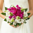 In this image, a bridal bouquet is held gently at mid-waist, its colours and textures creating a soft yet striking focal point, much like a bloom of colour against the leafy streets of Grove Park. At the centre, lush magenta peonies steal attention, their petals thick and velvety, curling inward and outward in a layered swirl that suggests richness and tenderness at once. Encircling them are white alstroemeria, each star-shaped flower marked with thin burgundy lines that draw the eye inward and give a sense of fine artistry. Slender green buds and developing flower spikes are woven throughout the mix, punctuating the design with hints of new growth and adding a slightly more vertical rhythm to the rounded form. A band of fresh, glossy foliage embraces the arrangement from beneath, its cool green tones offering balance and framing the brighter blooms. The soft, natural lighting in the photograph, reminiscent of late-morning brightness drifting over the nearby Dukes Meadows, highlights the interplay of shadows and highlights, revealing the intricate texture of every petal and leaf. Overall, the bouquet feels meticulously composed, yet not overly formal: a graceful balance of structure and spontaneity, as if it could have been gathered from an elegant riverside garden. The scent suggested by the imagery is gentle and understated, a combination of leafy freshness and light floral sweetness. This design would be ideal for a wedding held in or around Grove Park, whether in an intimate home setting or a local venue, and could just as easily be imagined arriving by same-day delivery to honour an anniversary, engagement, or heartfelt promise.