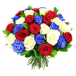 A richly coloured bouquet of roses commands the frame, its rounded, hand-tied form composed entirely of red, white, and royal blue blooms, like a floral echo of patriotic flags seen on special days in Grove Park. The roses are tightly gathered into a full, dome-like shape, each bloom pressed close to its neighbour so that the surface appears almost like a quilt of petals. Deep crimson roses add drama and warmth, their velvety petals curling inwards, while creamy white roses introduce softness and light. Royal blue roses weave through the design in confident strokes of colour, giving the bouquet a modern, celebratory edge and reinforcing its national pride theme. The flowers vary slightly in openness-some fully unfurled, others still partially closed-bringing texture and a sense of freshness, as though the bouquet has only just been arranged. Slivers of dark green, glossy foliage peek out between the roses, adding visual depth and a reminder of the garden origins of these opulent blooms. At the base, a cluster of straight, uniformly trimmed stems is clearly visible, held neatly together in the classic hand-tied style that a local Grove Park florist might prepare for same-day delivery to nearby homes and riverside apartments. The simple white background strips away distractions so that all attention rests on the interplay of red, white, and blue and the skill of the composition. The arrangement feels dignified yet joyful, ideal for marking national holidays, remembrance services, community events, or private family celebrations where a single bouquet can quietly convey honour, unity, and hope.