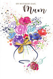 This joyful Mother's Day card showcases a swirling, watercolour bouquet that seems to capture the exuberance of springtime around Grove Park. Lush purples, lively pinks, and glowing reds blend seamlessly with quieter notes of lavender, periwinkle, and soft apricot, each flower suggested through fluid brushstrokes rather than sharp outlines. Deeper indigo lines and shadows tuck into the folds of the largest blooms, giving them gentle structure while allowing the paint to bleed and pool in the most natural way, as if the colours themselves are blossoming on the page. Between the flowers, hints of fresh green foliage peek through, providing contrast and echoing the leafy character of nearby parks and riverside paths. Slim touches of gold highlight the curves of petals and the edges of stylised leaves, catching the light like golden hour sun reflecting off the Thames. The bouquet sits within a simply drawn vase at the bottom of the image, its soft, rounded shape anchored by an elegant golden bow that recalls the feel of satin ribbon sliding through a florist's hands. Surrounding the arrangement, scattered specks of pigment, delicate heart shapes, and light splashes of colour drift across the clean white background, creating a sense of celebration, as though confetti or petals have been tossed in joy. The overall impression is both airy and heartfelt, an artistic bouquet that speaks of appreciation, warmth, and the comfort of home. It feels like a hand-crafted tribute in paint, keeping the spirit of a fresh Mother's Day bouquet alive long after the day has passed in Grove Park.