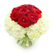 Captured against a bright white background, this floral arrangement radiates a quiet, confident romance that would suit any Grove Park anniversary. At the centre, a rounded mound of approximately ten to twelve deep red roses rises like a small hill of petals, each bloom lush and velvety. Some of the roses are closely furled, giving a sense of anticipation, while others are more open, revealing the intricate spirals of their crimson hearts. Their intense colour is rich and inviting, the classic shade of love and devotion. Beneath this crown of red, a generous layer of soft white hydrangeas forms a full, cloud-like collar. The tiny, individual florets mass together so densely that they resemble a billowy cushion, carefully supporting and framing the roses above. The bouquet is arranged in a clear, bowl-shaped glass vase that is partly filled with water, allowing the viewer to see the fresh green stems standing straight within. The transparent glass and clean water add a sense of freshness and simplicity to the design, while the round shape of the vase echoes the overall spherical silhouette of the flowers. With no other elements in the frame, attention is drawn solely to the interplay of red, white, and green, and to the contrast between smooth petals and textured hydrangea clusters. It is easy to imagine this arrangement placed on a table in a Grove Park home, perhaps near the windows looking out toward Chiswick or Kew, quietly marking another year of shared life with understated elegance.