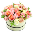 Soft morning light falls across a round, cream-coloured hatbox arranged against a pure white background, revealing a lush, domed bouquet that feels like a gentle sunrise. The hatbox's matte surface is framed by two slim, dark bands-one near the top rim and one around the base-giving the understated vessel a tailored, sophisticated edge while allowing the blooms to remain the focal point. Tightly packed inside are velvety roses in varying stages of bloom: centres of warm coral-peach and apricot melt outward into blush pink and then to creamy ivory at the petal edges, creating a gentle gradient of warmth. Interwoven among these larger roses are clusters of frilly, light baby-pink carnations whose ruffled edges add soft texture and a whispering movement to the rounded silhouette. Scattered sparingly through the mass of petals are sprigs of fresh, bright green foliage with small, elongated leaves that punctuate the composition and lift the colours, suggesting the crisp scent of recently cut stems. The craftsmanship is deliberate-each bloom placed to maintain the dense dome while preserving airflow and a natural, garden-fresh look. The overall mood is intimate and celebratory, a refined yet cheerful gift suited to birthdays, anniversaries, or to brighten a bedside table after a walk through a nearby park. The composition's tenderness and subtle fragrance-powdery, slightly fruity-invite a slow inhale, as if pausing to savour a quiet moment. This image captures both the technical precision of professional floristry and the simple warmth of giving a thoughtful, hand-arranged bouquet at the start of a new day.