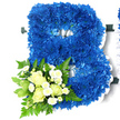 A personalised funeral flower tribute in the clear shape of a capital B is shown against a bright white background, the simplicity of the setting emphasising the bold design. The letter itself is densely packed with royal blue chrysanthemums, their ruffled, many-layered petals overlapping to create a lush, textured surface that almost looks like velvet. The blue tones vary subtly as the light touches different petals, giving the tribute depth and making the letter stand out with quiet strength. A frill of white satin ribbon runs neatly around the outer edge and through the inner curves of the B, its crisp, reflective surface outlining the shape and bringing a refined contrast to the deep blue blooms. At the lower left curve, a smaller spray of flowers adds softness: creamy white roses in mixed stages of opening, from tight buds to blooms showing their spiralling centres, sit alongside dainty white spray chrysanthemums that resemble tiny daisies. These flowers are nestled into a collar of fresh green foliage, with airy fern fronds and smoother leaves adding movement and a natural frame. The arrangement feels both dignified and tender, perfectly suited to honouring a loved one whose name or nickname begins with B. It is easy to picture this floral letter displayed at a funeral service in Grove Park, perhaps in a local church off Grove Park Road or at a nearby crematorium, carefully prepared by Grove Park Florist to offer a message of remembrance, love, and peaceful farewell through its harmonious blend of colour and texture.