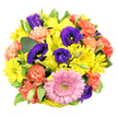 Set against a pure white background and captured from directly overhead, this bouquet forms a compact, circular display of colour and texture that immediately suggests happiness and celebration. Near the bottom centre, a generous pink gerbera daisy provides a natural focal point, its petals soft and slightly curved, arranged in tidy layers around a textured centre tinged with green and yellow. Spreading out from this central bloom, clusters of yellow chrysanthemum daisies dominate the arrangement, each flower composed of many fine, linear petals that radiate from pale green hearts, creating a glowing, sunlit effect. Intermingled with the yellow, deep purple lisianthus lend a cool, luxurious note; some flowers have opened fully, their velvety petals curving back to reveal delicate stamens, while others remain in elegant buds that hint at flowers yet to unfurl. Coral-orange carnations dot the design, their intricate, ruffled petals building rounded, cushiony shapes that add warmth and a sense of playful movement. Between the blossoms, fresh greenery peeks through, including glossy dark leaves and a few variegated stems bordered in creamy white, which frame the brighter colours and give the bouquet a just-picked feel. The lighting is bright and even, with almost no shadow, so each hue-from sunny yellow and blush pink to twilight purple and soft coral-appears vivid and true. This arrangement exudes an upbeat, welcoming mood, well suited for birthdays, congratulations, or a simple gesture of kindness to someone living along the quiet streets of Grove Park or near the Thames. It feels like a carefully considered piece of floral design, created to bring a burst of colour and comfort into everyday life.