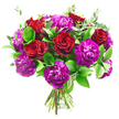 The photograph presents a sumptuous hand-tied bouquet set against a pure white backdrop, allowing the rich colours of deep red roses and vivid purple carnations to dominate the scene, much like a striking arrangement prepared for delivery across Grove Park. The roses are a classic, velvety crimson, each bloom composed of tight spirals of petals that loosen slightly towards the outer edge, giving a sense of depth and softness. They are dotted throughout the bouquet, drawing the eye with their bold, romantic presence. Nestled between them, full-headed carnations in shades of magenta, violet, and regal purple form a lush, textured surround. Their frilled petals overlap in intricate layers, lending the arrangement volume and a tactile, almost cushion-like quality. Scattered amidst this sea of colour, dark, glossy foliage and slender, silvery eucalyptus stems add a cool green contrast that softens the overall palette and brings a natural, garden-fresh feel, reminiscent of greenery along Grove Park's quiet lanes. At the base, the stems are grouped neatly and bound with a fine red tie, emphasising that this is a hand-crafted bouquet, ready to be wrapped in paper and carried out for same-day delivery. The lighting is soft and even, revealing each bloom's structure and every subtle variation in tone without harsh shadow. The impression is one of passionate elegance and heartfelt intention-a bouquet perfectly suited for declarations of love, anniversaries, or special celebrations for someone in Grove Park, captured here in a moment of flawless, poised beauty.