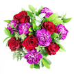 The photograph captures a richly coloured bouquet where deep crimson roses and vibrant purple carnations are artfully arranged to create a sense of drama and tenderness in equal measure. The roses, with their tightly layered, velvety petals, form the passionate core of the design, each bloom a deep red that seems to glow against the softer background. Among them, purple carnations bring a lighter, more playful note, their frilled petals curling outward in soft waves that contrast beautifully with the more structured rose heads. The flowers are gathered closely together into a rounded shape that feels generous and full, suggesting a bouquet created for a meaningful celebration or heartfelt gesture. Embracing these vivid blooms is a collar of lush greenery: firm, glossy leaves provide a deep green backdrop, while elegant sprigs of eucalyptus thread through the arrangement, their silvery blue-green leaves adding a cool, contemporary edge and a sense of airiness. You can imagine the bouquet freshly prepared at Grove Park Florist, its mixed fragrance of rose, carnation, and eucalyptus rising as it is wrapped for same-day delivery to homes and offices around Grove Park and nearby Chiswick. The lighting is gentle and even, highlighting subtle shifts in colour from maroon to bright purple and picking up the soft sheen on each leaf. This arrangement feels particularly suited to anniversaries, romantic surprises, or congratulatory moments, as if it's designed to sit proudly on a table by a window overlooking the tree-lined streets of Grove Park, quietly transforming the space with its bold hues and thoughtful craftsmanship.
