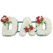 A deeply reverent floral tribute that spells out DAD in three large, three-dimensional block letters, each letter meticulously covered with hundreds of pristine white chrysanthemum blooms to form a soft, pillowed surface. The chrysanthemums create a quiet, almost ethereal texture that reads as calm and pure under soft, diffused lighting; their subtle, clean scent provides a gentle counterpoint to the richer perfume of the accent flowers. Each letter is crisply edged with a deep emerald, pleated ribbon that gives the composition dignified definition and a refined, structured silhouette against the bright white background. On the upper curve of the left D a focused cluster of velvety deep red roses sits with small white freesia interspersed and generous dark green foliage, forming a solemn focal point. The A bears a similar arrangement near its left stem, where red roses, white freesia and looping strands of bright green bear grass or foliage lift the eye upward, while the final D mirrors the first with a matching spray on its outer curve. Subtle dark green or black metal support bars run horizontally behind the letters, barely visible but lending strength and stability to the scale of this tribute. This arrangement reads as a timeless gesture of remembrance and respect for a father figure, suited to a chapel service, graveside ceremony or civic memorial in Grove Park and the surrounding neighbourhoods like Chinbrook Meadows and Lee. A florist's touch is evident in the careful balance of colour, scent and form, offering comfort through classic symbolism: white for purity and devoted love, red for deep affection and honour.