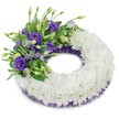 A dignified circular funeral wreath captured against a clean white backdrop: a thick, continuous ring built from tightly clustered, pristine white cushion chrysanthemums whose ruffled petals form a soft, cloud-like texture that suggests peace and quiet reverence. The wreath's upper-left quadrant carries a carefully placed accent of rich purple Eustoma (Lisianthus), a small cluster of fully opened deep violet blooms revealing pale yellow throats alongside paler lavender buds on slender stems, creating a gentle gradient of regal colour. Interwoven among the purple flowers are varied green leaves - some broad and glossy, others fine and fern-like - which add depth, natural movement and a cooling contrast to the white base. A subtle, crinkled purple mesh or lace trim peeks from beneath both the inner and outer rims, its deeper tone echoing the lisianthus and giving the design a refined finished edge without overpowering the serenity of the chrysanthemums. Soft, diffused studio light produces a faint shadow beneath the wreath, lifting it gently from the white ground and emphasising the wreath's sculpted form. The overall composition reads as measured and comforting: the cool whites offering purity and calm, the purple spray providing a note of remembrance and dignity. As a florist's tribute intended for funeral services or a graveside, this arrangement aims to convey lasting respect and gentle consolation, its textures and muted scent meant to accompany quiet memories rather than demand attention, an understated expression of sympathy suited to moments of farewell and reflection.
