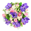 This overhead photograph reveals a perfectly rounded bouquet placed against a pure white background, its fullness and balance suggesting the practiced hand of a local Grove Park florist. Striking Vanda orchids dominate the design with their wide, velvety petals in saturated purple, each petal traced with intricate darker violet veining and speckling that lends a rich, patterned depth. These orchids are spaced through the arrangement like luminous accents, drawing the eye across the entire dome. Filling the spaces between them are lush roses in shades of blush pink, soft pastel pink, and gentle cream, their petals in various stages of opening - some tight and promising, others unfurled into layered, romantic blooms. Tiny white, daisy-like cluster flowers are threaded between the larger petals, introducing a soft, airy brightness, reminiscent of blossom-laden shrubs along Grove Park's quiet streets. Creamy white Hypericum berries nestle among the blooms, grouped in small, pearl-like clusters that offer a pleasing tactile contrast to the smooth petals. A generous base of deep green, glossy leaves supports the arrangement, while feathery, silvery foliage weaves through the design, cooling the palette and softening the outline, like a faint mist around the edges. Gentle, even lighting enhances the natural tones - purples, pinks, creams, and greens - without casting strong shadows, so every texture feels clear and fresh. The bouquet projects a mood of refined celebration and thoughtful emotion, ideal for anniversaries, engagements, or quiet moments of gratitude, whether delivered to a townhouse near Grove Park station or set at the centre of a family table for a special evening at home.