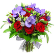 This bouquet feels like a celebration of contrasts and harmony, a composition that speaks to the senses as clearly as a storefront display. The vivid crimson roses take center stage, their velvety petals tightly spiraled and deeply coloured, while regal purple orchids unfold with broad, flat petals adorned with delicate speckles that glimmer as the light catches them. Soft lisianthus in pale lavender thread through the arrangement, some buds still compact and others opening to reveal silvery touches that soften the overall palette. A generous veil of fresh greenery provides a lush, natural backdrop-glossy broad leaves mingle with slender eucalyptus stems, giving depth, movement, and the sense of a well-tended garden.

The stems are gathered at the base and bound with a decorative dark mesh ribbon, creating an airy bow that adds contemporary texture without competing with the blooms. Tiny pale green fillers and discreet buds are woven throughout, adding sparkle and the impression of new growth. The lighting against the white backdrop makes the colours sing-crimson, violet, lilac, and green, all balanced with a poised elegance. This bouquet feels luxurious yet approachable, suitable for a milestone celebration, a romantic surprise, or as a striking centerpiece at a dinner party. Crafted with care in Grove Park for deliveries across the area, it embodies freshness, artistry, and a generous, confident taste that reflects local craftsmanship and a love for detail.