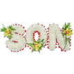 A thoughtfully composed three-dimensional tribute spells the word 'SON' in large, sculpted block letters, each letter built from hundreds of small, pristine white chrysanthemums packed tightly to form a cloud-like, textured surface. The immaculate white petals read as purity and quiet reverence, their tiny, layered blooms catching a soft, diffused studio light that gently sculpts shadow and depth across each curve and corner. Around the outer edges and tracing the inner hole of the 'O' a continuous band of vivid red ribbon has been looped into scalloped, ribboned edging, providing a warm, striking contrast to the snow-white chrysanthemum face and suggesting love and remembrance. Each letter is given a horticultural punctuation: lime-green cymbidium orchids with waxy, pale-green petals and a pale orange to reddish-brown throat sit at the upper left of the 'S', at the base of the 'O', and near the upper right of the 'N', their glossy texture and subtle perfume adding a delicate note of life. Rich green foliage - slender spear leaves, trailing fern fronds, and glossy sprays - fans and frames each cluster, lending a natural height and a gentle, garden-like rhythm to the composition. Set against a plain white background, the arrangement reads clearly and respectfully, an emblematic memorial piece for a graveside service or funeral chapel. As a local floral expression often requested by families in Grove Park and nearby Lewisham, this design demonstrates careful craftsmanship, thoughtful symbolism, and the quiet dignity desired when honouring a beloved son.