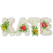 A personalised funeral tribute spelling KATE is carefully laid out against a bright white background, allowing every flower and ribbon detail to be seen clearly. Each of the four capital letters is made from densely packed white chrysanthemums, their countless petals forming a thick, cushioned texture that looks soft to the touch and gives an air of calm reverence. Tracing the outline of each letter is a fine band of pale pink ribbon, lightly ruched and shimmering gently, adding a blush of colour and a tender, feminine edge to the design. On the left of the K and at the lower part of the T, clusters of fresh yellow-green cymbidium orchids with red-speckled centres are nestled into deep green foliage, their star-like shapes adding a hint of luxury. The A and E each feature one prominent red anthurium flower, glossy and heart-shaped, rising above the white blooms as vivid symbols of enduring love and remembrance. Delicate green vines and fern-like sprigs weave across and between the letters, brushing over the chrysanthemum heads and visually linking the name into one continuous tribute. The overall effect is elegant, peaceful, and deeply personal, ideal for a funeral or memorial in Grove Park, whether placed in a quiet chapel, at a crematorium, or within a family home nearby. It reflects the thoughtful hand of a local florist, creating a floral farewell for Kate that balances tradition with a gentle, modern sense of style.