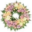 A classic circular funeral wreath is shown in crisp detail against a spotless white background, allowing its pastel roses and rich greenery to take centre stage. The wreath is densely packed, forming a continuous ring of blooms that feels both embracing and serene, akin to the calm atmosphere of the residential streets and green spaces around Grove Park. At the heart of the design are large, fully opened roses in shades of creamy white and soft ivory, their multi-layered petals creating plush, rounded forms. Threaded between these are clusters of blush pink spray roses, some as tiny, smooth buds and others just beginning to open, adding fine texture and gentle variation. Highlights of pale peach and soft, buttery yellow roses lend a warm, comforting glow, while dusty lavender and muted mauve roses bring a distinctive, vintage charm that adds emotional depth. Dark green fern fronds and similar leafy foliage weave throughout the arrangement, their feathery edges emerging between petals to create a rich, natural backdrop that sets off the pastel tones. The flowers are arranged so that different heights and angles catch the light, casting subtle shadows and giving the wreath a sense of quiet movement despite its stillness. This floral tribute, likely created by an experienced local florist for a funeral or memorial in Grove Park, symbolises eternal love and remembrance through its unbroken circle. It would sit with gentle dignity beside a coffin, at the front of a chapel, or by a memorial photograph, offering silent condolences and a soft, living reminder of a life dearly missed.
