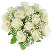 A quiet, graceful dome of approximately two dozen freshly opened white roses rests against a clean, brilliant white backdrop, an arrangement shaped with the calm assurance of an experienced florist. Each rose presents a creamy inner heart that unfurls into broader, crisp white outer petals, their classic spiral centers visible and perfectly formed. Between the larger blooms, fine clouds of baby's breath (Gypsophila) drift like soft mist, their tiny star-like blossoms lending a lacy, weightless texture that contrasts with the substantial, velvety rose petals. Glossy deep-green leaves peek through, discreet and supportive, framing the composition and enhancing the purity of the whites. Under soft studio light the petals take on a subtle translucence at the edges, offering the faintest warm ivory at the centers and a cooler, porcelain white at the outer rims, while a barely-there, fresh sweetness hangs in the imagined air - the scent of early summer mornings. The bouquet's dense, rounded silhouette reads as both classic and intimate, suitable for a wedding aisle, a christening, or a respectful sympathy tribute. It feels made for moments that require calm dignity and hopeful sentiment. As a local florist who knows Grove Park and its quiet streets near the station and Chinbrook Meadows, I picture this bouquet arriving wrapped simply for a newlywed couple leaving the ceremony, laid on a mantel for a family remembrance, or presented as a sincere offering of solace. The overall impression is one of purity, gentle luxury, and steady comfort - a timeless floral language of peace and new beginnings.