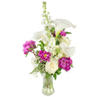 A tall, celebratory bouquet arranged in a gently curved clear glass vase, the water and visible stems lending a fresh, honest feel. At the visual centre, sculptural white calla lilies rise with cool, trumpet-shaped blooms and pale yellow spadices, their porcelain-like surfaces catching soft light and guiding the eye upward. A vertical spire of white stock stands slightly behind them, composed of many tiny clustered florets that give the arrangement its elegant height and a soft, pillowy texture. Below these upright elements, several opulent magenta peonies spill their velvety ruffles: two are fully open, their layers of deep fuchsia petals tumbling outward, while a smaller, tightly furled bud on a slender stem promises another bloom soon. Near the base rests a single creamy white rose with tightly spiralled petals, a classical contrast to the exuberant peonies. Feathery sprays of baby's breath (Gypsophila) are woven throughout, creating an airy halo of tiny white dots against the richer colours. Lush greenery - slender, fern-like fronds and broader glossy leaves - frames the composition, their fresh green tones intensifying the magenta and white. Soft morning or gallery-style light casts gentle shadows that reveal the textures: the callas' smoothness, the peonies' velvet, the rose's compact spirals, and the fine lace of baby's breath. The overall mood is joyful and refined, perfect for marking birthdays, anniversaries or a new home, and evokes the thoughtful craft of a neighbourhood florist serving Grove Park and surrounding streets. This image reads as an invitation to celebration and quiet elegance all at once.