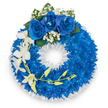 A large circular wreath designed as a quiet, dignified tribute rests against a clean white background, its form defined by an unbroken ring of intensely vivid royal-blue chrysanthemum-like blooms. Each small-petalled flower is packed close to its neighbour, producing a lush, velvet-like texture that catches the light with an almost electric sheen. The inner edge is neatly finished with a ruffled white satin ribbon, its crisp folds framing the open centre like a gentle, formal border. At the summit of the wreath three magnificent deep-blue roses bloom fully, their velvety petals unfurled and softened by fine clusters of pure white baby's breath and a few deep green leaves that add natural contrast. From the left-hand side a spray of pristine white orchids - Phalaenopsis or Dendrobium style - cascades in a graceful arc, the broad, delicate petals and slender stems introducing a refined, flowing movement across the composition. Woven among the orchids is a thin curving stem dotted with pale yellow-green buds, the suggestion of new life and unfolding beauty against the solemn palette. The overall scent is faintly floral and clean; the surface appears softly matte where petals overlap, sharper where the satin ribbon catches studio light. This arrangement speaks of remembrance and calm: a carefully balanced mix of bold colour and quiet white that conveys respect, peace, and lasting affection. As a neighbourhood florist familiar with services at Grove Park station chapels and small memorials near Chinbrook Meadows, I imagine this wreath placed with care at a service or graveside, offering comfort through considered form, texture, and colour.