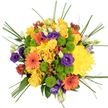 This overhead photograph shows a lush, circular bouquet resting on a bright white surface, its colours bursting outward in a joyful mix that feels perfectly at home in Grove Park's friendly, riverside community. In the centre, a generous cluster of yellow roses and large yellow chrysanthemums creates a glowing focal point, their layered petals forming plump, velvety cushions of sunshine. Surrounding this golden heart, vibrant orange gerbera daisies with deep brown centres fan outwards, their bold daisy shapes adding a confident energy, like small suns radiating warmth on a clear day over nearby Chiswick. Nestled between the statement blooms, lime green button chrysanthemums sit in neat domes, their compact, almost spherical heads lending a playful texture and a refreshing, bright green that lifts the entire palette. Woven through the design, deep purple lisianthus flowers and delicate buds introduce a cool, sophisticated contrast, their gently curling, silk-like petals inviting the eye to linger on their subtle variations in tone. Scattered among the petals, glossy red hypericum berries stand out in tight clusters, their smooth, bead-like surfaces catching the light and adding a touch of seasonal richness, reminiscent of berries in local gardens. Encircling the bouquet, fine strands of bear grass extend and loop lightly beyond the rounded form, creating graceful lines that give the arrangement movement and a sense of air and space. The crisp white background isolates each hue-yellow, orange, green, purple, and red-making the bouquet look clean, modern, and full of life. This floral design feels ideal for birthdays, thank-you gestures, or to brighten a new home in Grove Park, its carefully balanced colours and textures reflecting the skill of an experienced florist who understands how to translate joy and connection into flowers.