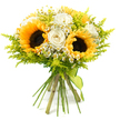 In this image, a hand-tied bouquet glows with a palette of sunflower yellow, soft white, and vivid green, set dramatically against a plain white background that lets every bloom speak clearly. At its heart, generous sunflowers stand proud, their rich, dark centres textured with seeds and framed by radiant golden petals that spread outward like little suns, bringing a sense of warmth and vitality. Tucked intimately amongst them, creamy white roses lend a touch of classic romance; some are just opening, their petals curled in compact spirals, while others reveal fuller, layered blooms with delicate ivory shading along their edges. Scattered through the design are clusters of tiny, daisy-like white flowers, reminiscent of chamomile or feverfew, each centred with a small yellow disc that reflects and softens the stronger sunflower tones. These petite blossoms add a fine-grained, almost lacy texture that keeps the bouquet from feeling heavy. Enveloping and weaving between all the flowers are airy sprays of lime-green foliage similar to solidago, their feathery stems and tiny buds forming a light, cloud-like halo of fresh colour. The bouquet is gathered into a rounded, slightly relaxed shape, with the stems left visible and neatly aligned. A slim lime-green ribbon wraps around the base, tied in a simple knot that lets its ends fall naturally over the stems. The overall impression is of a joyful, thoughtfully crafted gift-something you might pick up from a favourite Grove Park Florist on your way to a celebration, perfect for marking milestones, expressing thanks, or delivering a burst of sunshine to a home or office in the local area.