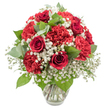 A classic red and white bouquet, beautifully arranged in a clear glass vase, stands out dramatically against a pure white background as if freshly photographed in a quiet studio near Grove Park. Deep red roses rise from the heart of the design, their petals richly coloured and tightly coiled, capturing the viewer's attention with a sense of intense, yet understated, romance. Around them, layers of red carnations, full and ruffled, create a sumptuous bed of texture, their many fine petals forming soft waves that catch and play with the light. Between these passionate red blooms, white baby's breath appears in generous clusters, its tiny blossoms spreading like a gentle, floral haze that softens the composition and brings a crisp, clean brightness to the arrangement. Threaded through the flowers, glossy dark green leaves and rounded eucalyptus in muted grey-green tones offer quiet contrast and structure, hinting at a subtle, refreshing scent reminiscent of the breezes along the nearby Thames or the calm of Grove Park's local gardens. The stems are clearly visible through the transparent glass, trimmed neatly and gathered in clear water, showing the careful, professional touch of Grove Park Florist. The bouquet forms a rounded, dome-like shape that feels full and complete, with no single flower overshadowing the others, creating a mood that is both celebratory and intimate. This arrangement suits a romantic dinner at home near Grove Park station, a thoughtful anniversary surprise delivered to a friend in nearby Chiswick, or a heartfelt thank-you placed on a hallway table. Its deep reds and pristine whites carry messages of love, admiration, and sincerity, making it equally appropriate for joyful milestones and more tender, reflective moments.