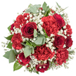 A richly textured bouquet is shown from above, forming a nearly perfect sphere of red blooms that stands out strongly against a bright white background, with no distraction from its sculpted form. At the centre, red roses command attention, their velvety petals curling inward to form tight spirals that fade into dark, alluring cores, suggesting deep affection and classic romance. Woven around them are numerous red carnations, their petals ruffled and layered, creating generous, cushiony blossoms that lend the arrangement volume and softness. The carnations are at varying stages of bloom, which gives the design a sense of life and natural progression, as if it were freshly assembled for delivery somewhere in Grove Park, perhaps to a home near the green spaces of Chiswick House or a cosy flat along Sutton Court Road. Delicate white sprays of baby's breath are scattered throughout, each tiny flower like a pinpoint of light against the rich reds, creating a misty, cloud-like backdrop that breaks up the strong colour and adds a romantic, ethereal feel. Gentle arcs of eucalyptus leaves in muted grey-green thread through the bouquet, their smooth, rounded shapes and cool tones providing a soothing counterpoint to the vibrant blooms. Deeper green leaves peek out here and there, framing the composition and helping to define its rounded profile. Soft, even lighting picks up the different textures-the plush roses, feathery carnations, and airy gypsophila-while the white background ensures complete focus on the flowers. The overall impression is of a thoughtfully designed, emotionally expressive bouquet, ideal for anniversaries, declarations of love, or heartfelt surprises within the Grove Park community.